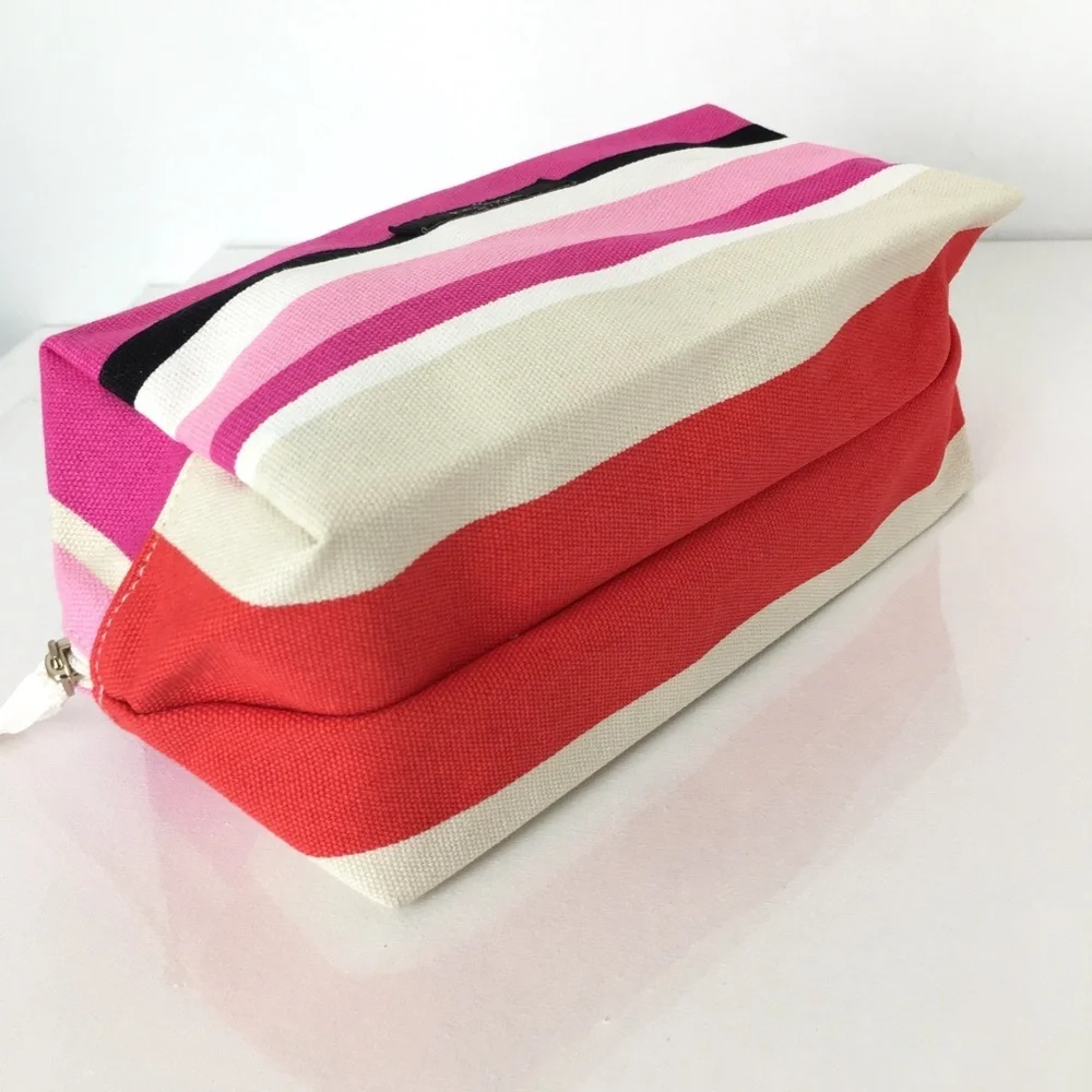 Kate Spade Pink Multi Striped Cosmetic Bag Makeup Zipper Bag Cotton Canvas NWOT